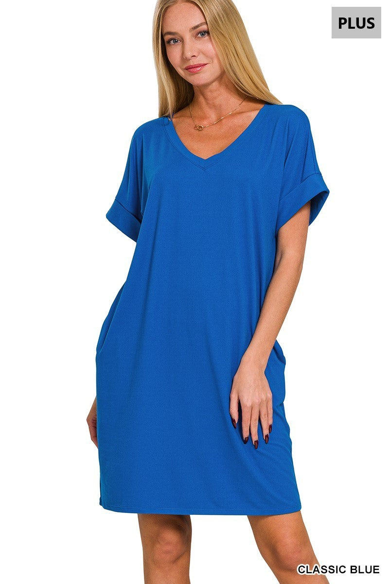 ROLLED SHORT SLEEVEV-NECK T-SHIRT DRESS