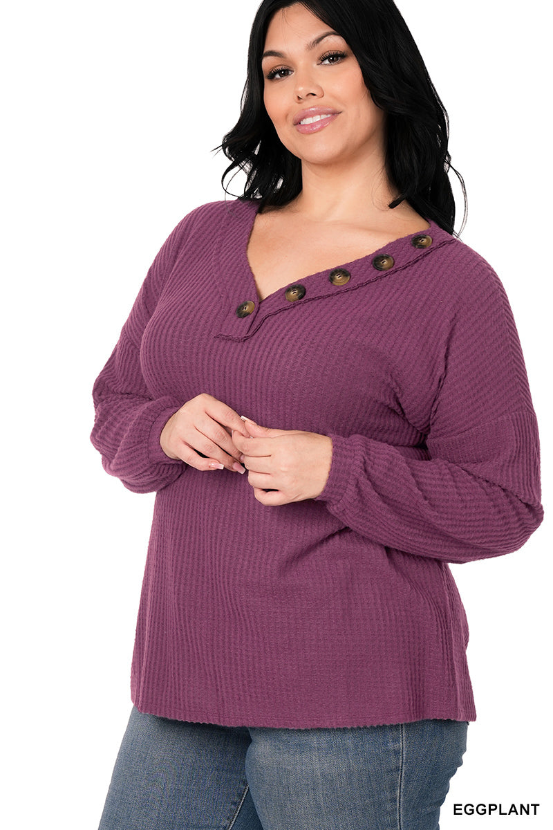 BRUSHED THERMAL WAFFLE KNIT TOP W/ BUTTONS