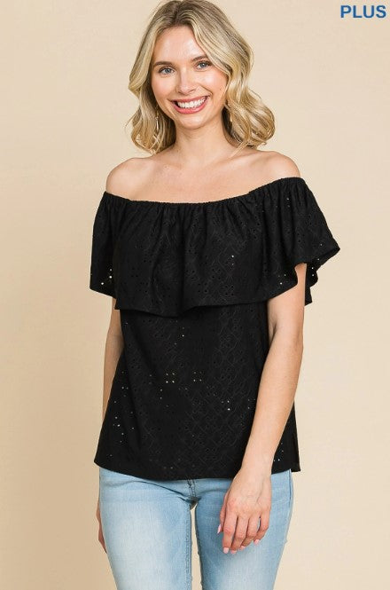 OFF THE SHOULDER RUFFLE TOP - BLACK