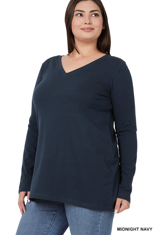 COTTON V-NECK LONG SLEEVE TEE