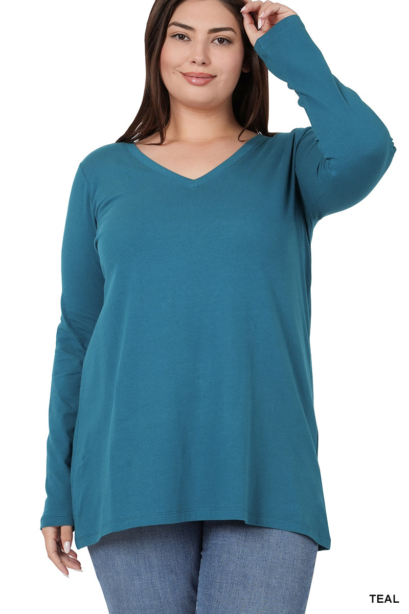 COTTON V-NECK LONG SLEEVE TEE