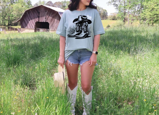 CUSTOM SCREEN PRINT SHIRT - COWBOY BOOTS ROSES