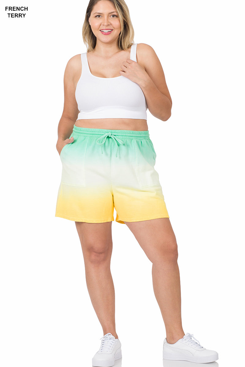 FRENCH TERRY DIP DYE DRAWSTRING SHORTS - MINT/YELLOW