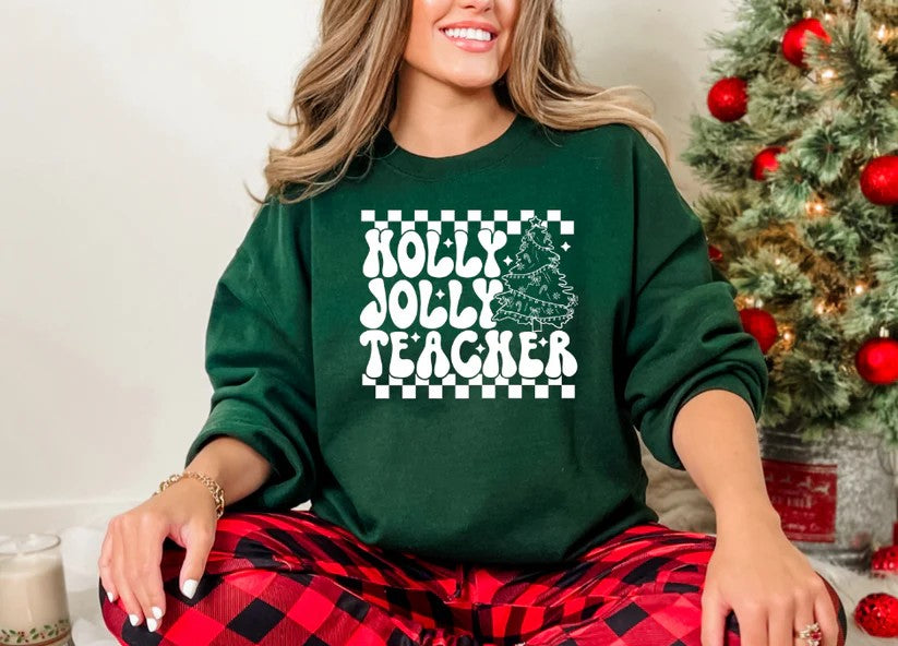 CUSTOM SCREEN PRINT SHIRT - HOLLY JOLLY TEACHER CHRISTMAS TREE