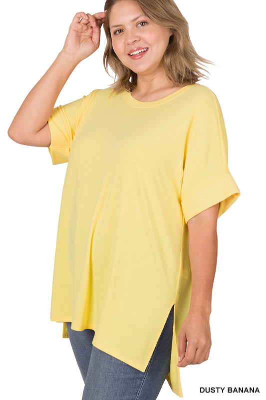 ROLLED SLEEVE SIDE SLIT HI-LO TOP