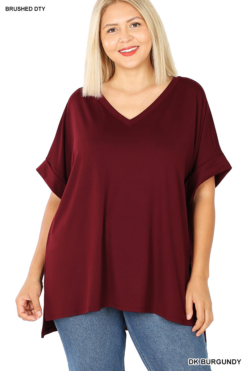 BRUSHED DTY ROLLED SLEEVE V-NECK TOP