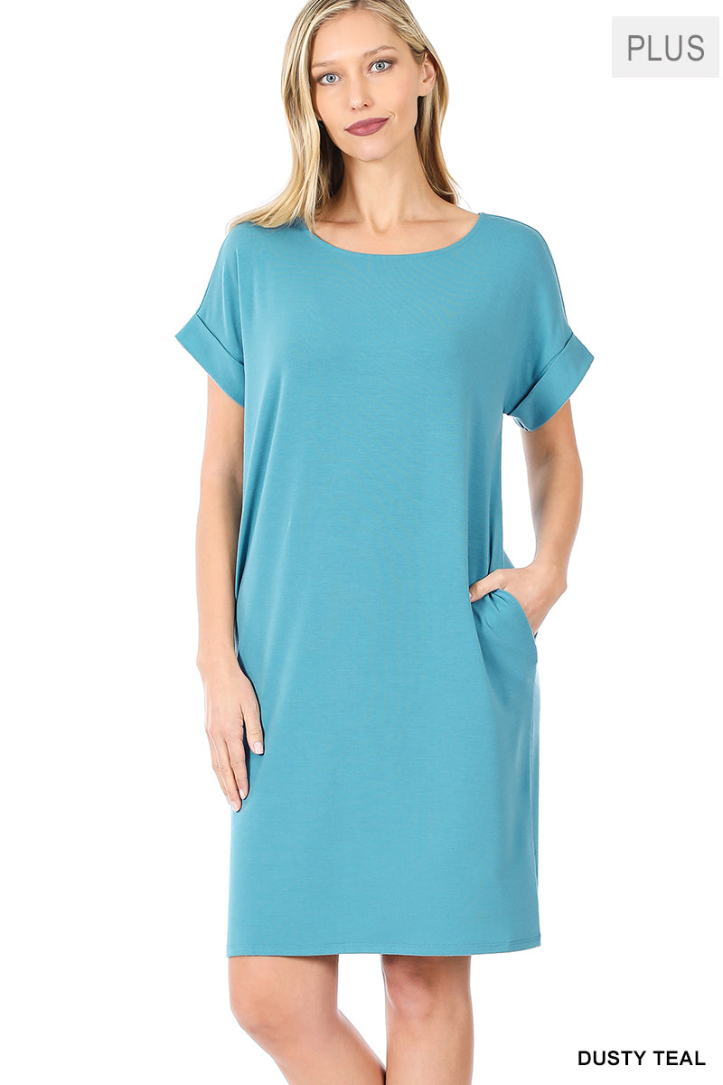 ROLLED SHORT SLEEVE ROUND NECK DRESS - DUSTY TEAL