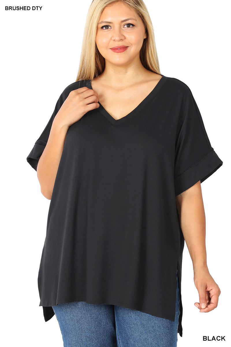 BRUSHED DTY ROLLED SLEEVE V-NECK TOP