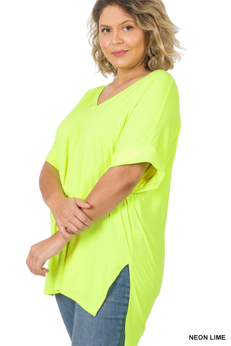 BRUSHED DTY ROLLED SLEEVE V-NECK TOP