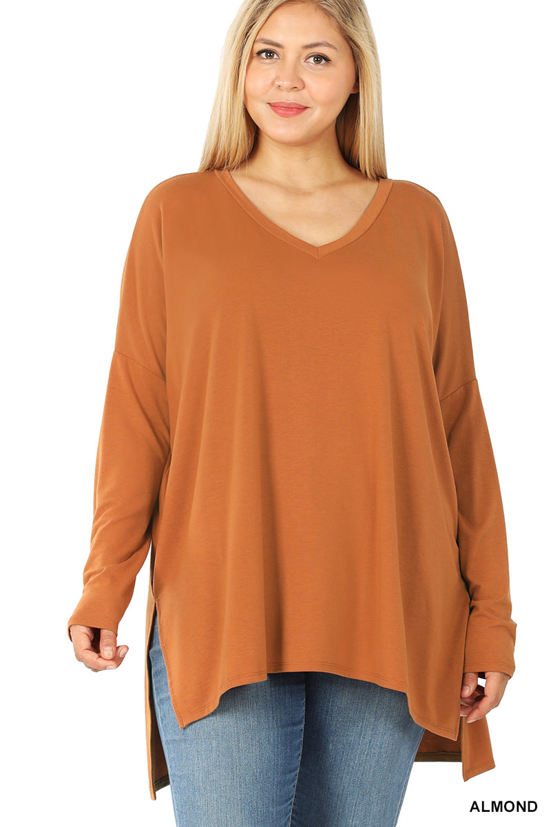 OVERSIZED V-NECK LONG SLEEVE HI-LO TOP