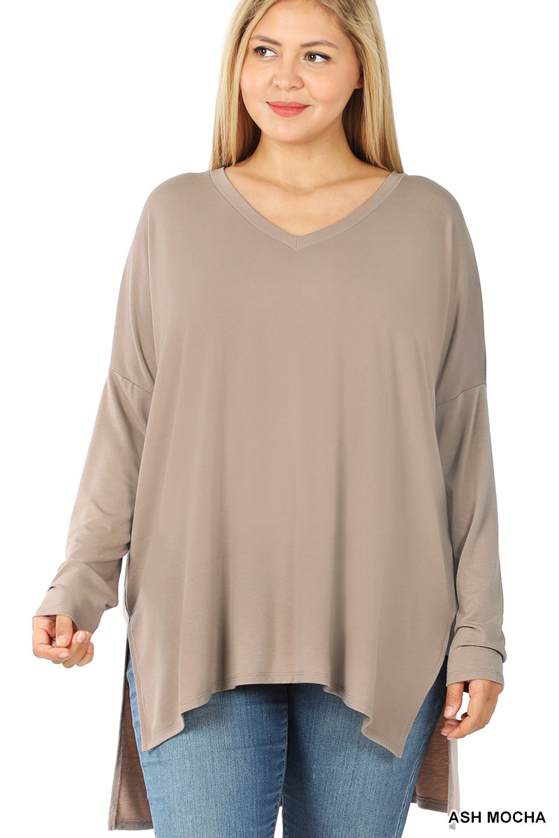 OVERSIZED V-NECK LONG SLEEVE HI-LO TOP