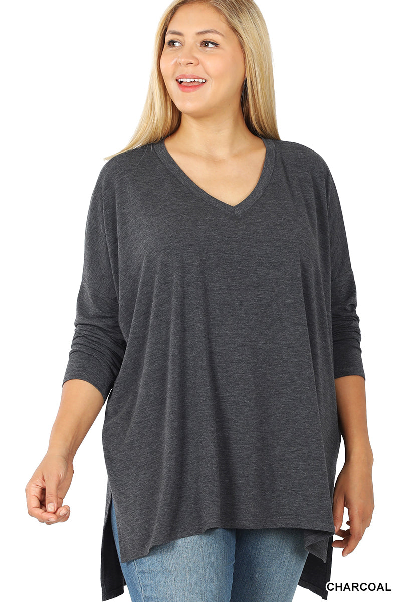 OVERSIZED V-NECK LONG SLEEVE HI-LO TOP