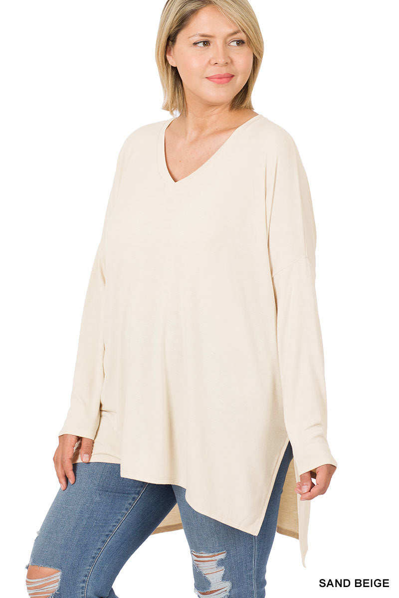 OVERSIZED V-NECK LONG SLEEVE HI-LO TOP