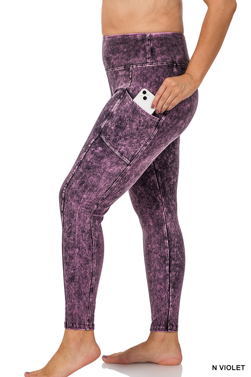 MINERAL WASHED WIDE WAISTBAND POCKET LEGGINGS