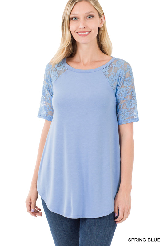 S-XL LACE SLEEVE V-NECK TOP